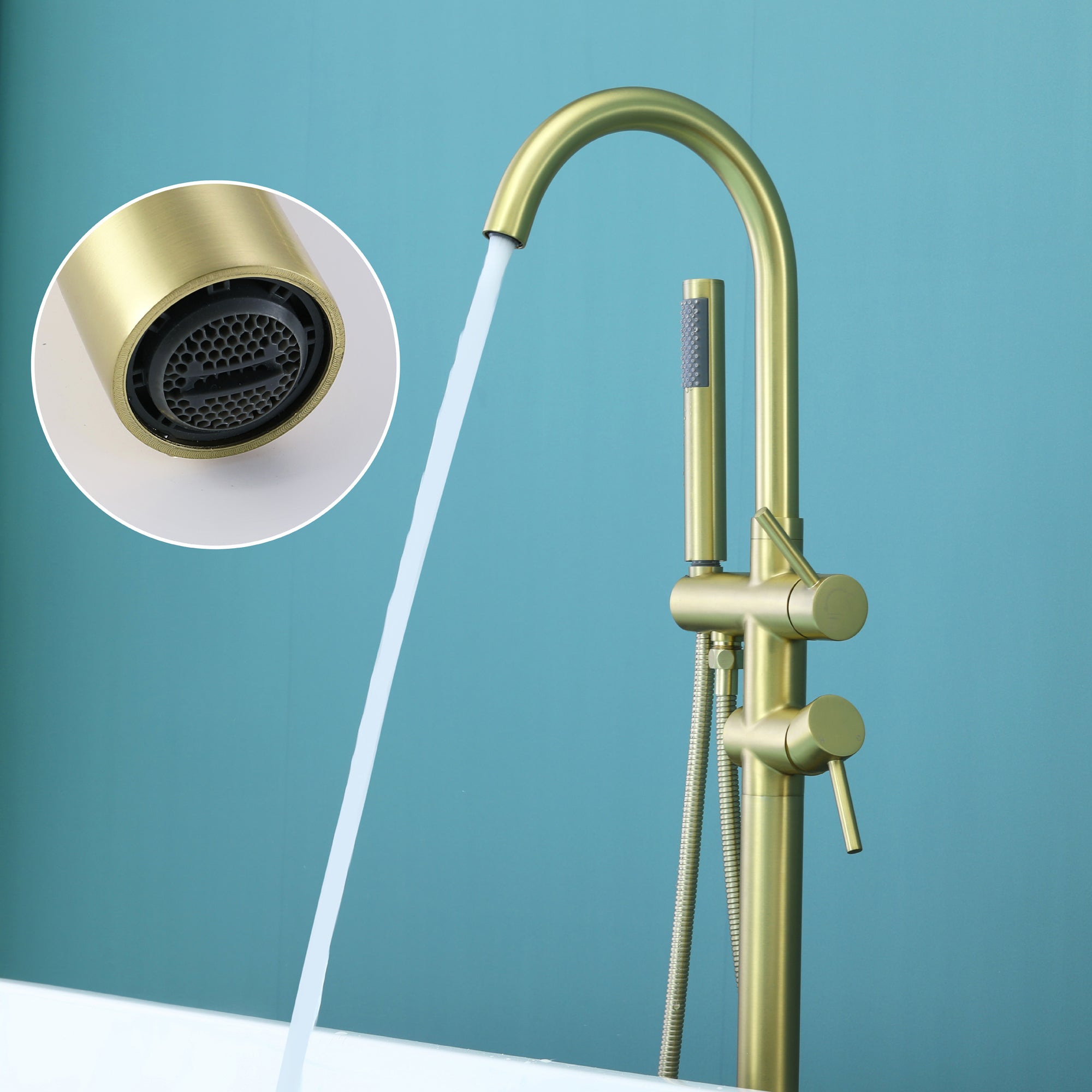 Double-Handle Floor Freestanding Bathroom Tub Faucets with Hand Shower