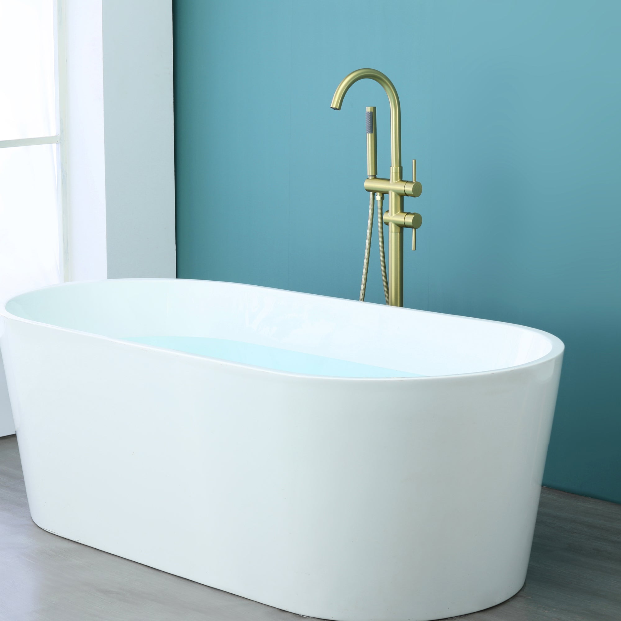 Double-Handle Floor Freestanding Bathroom Tub Faucets with Hand Shower