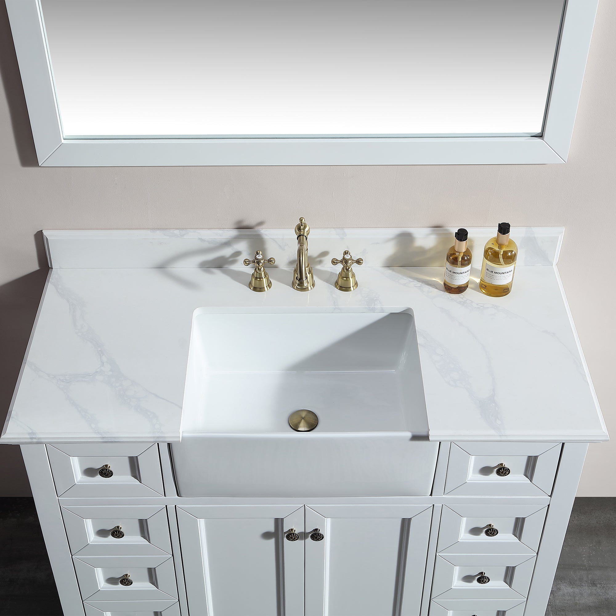 48" Freestanding Bath Vanity Minimalist in White with White Quartz Top with White Basin