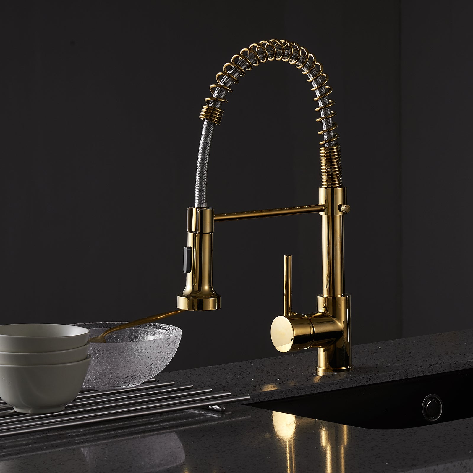 Single Handle Kitchen Faucet with Pull Down Sprayer in Gold