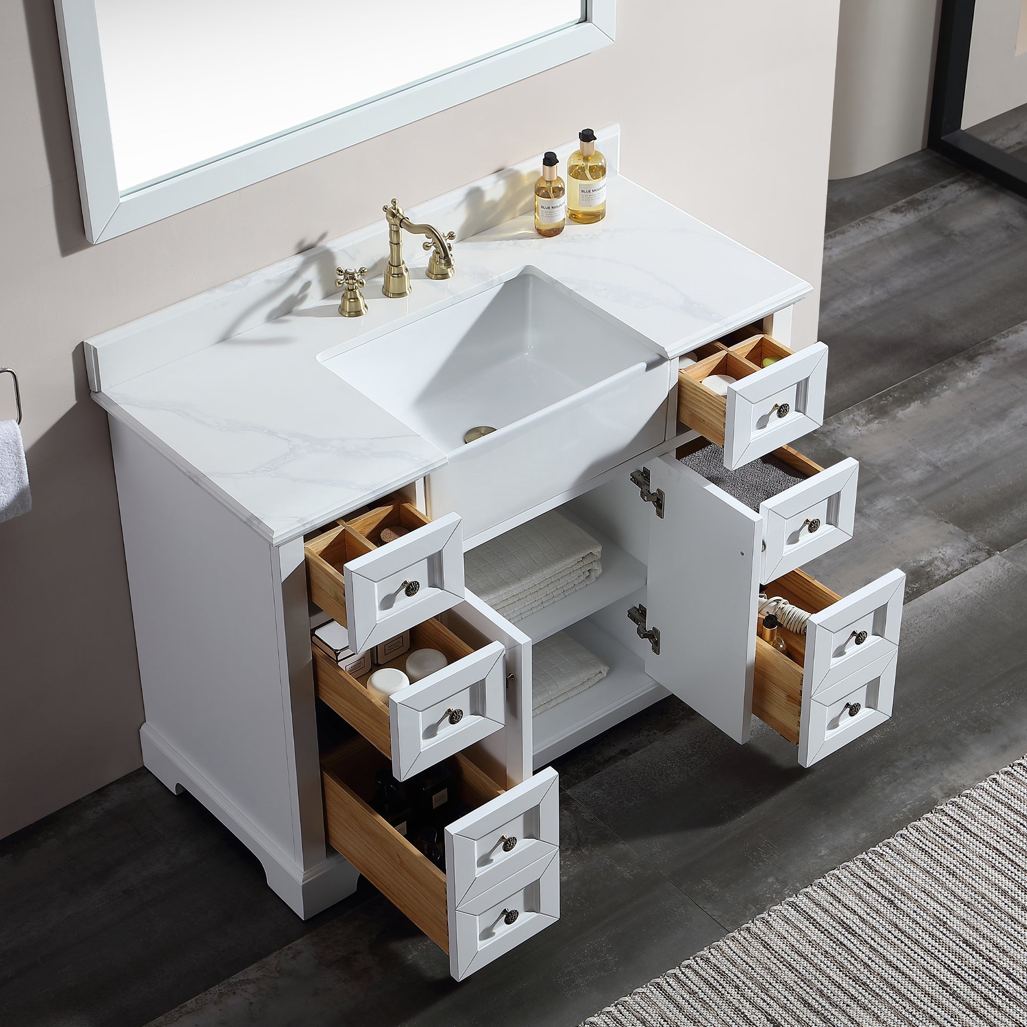 48" Freestanding Bath Vanity Minimalist in White with White Quartz Top with White Basin