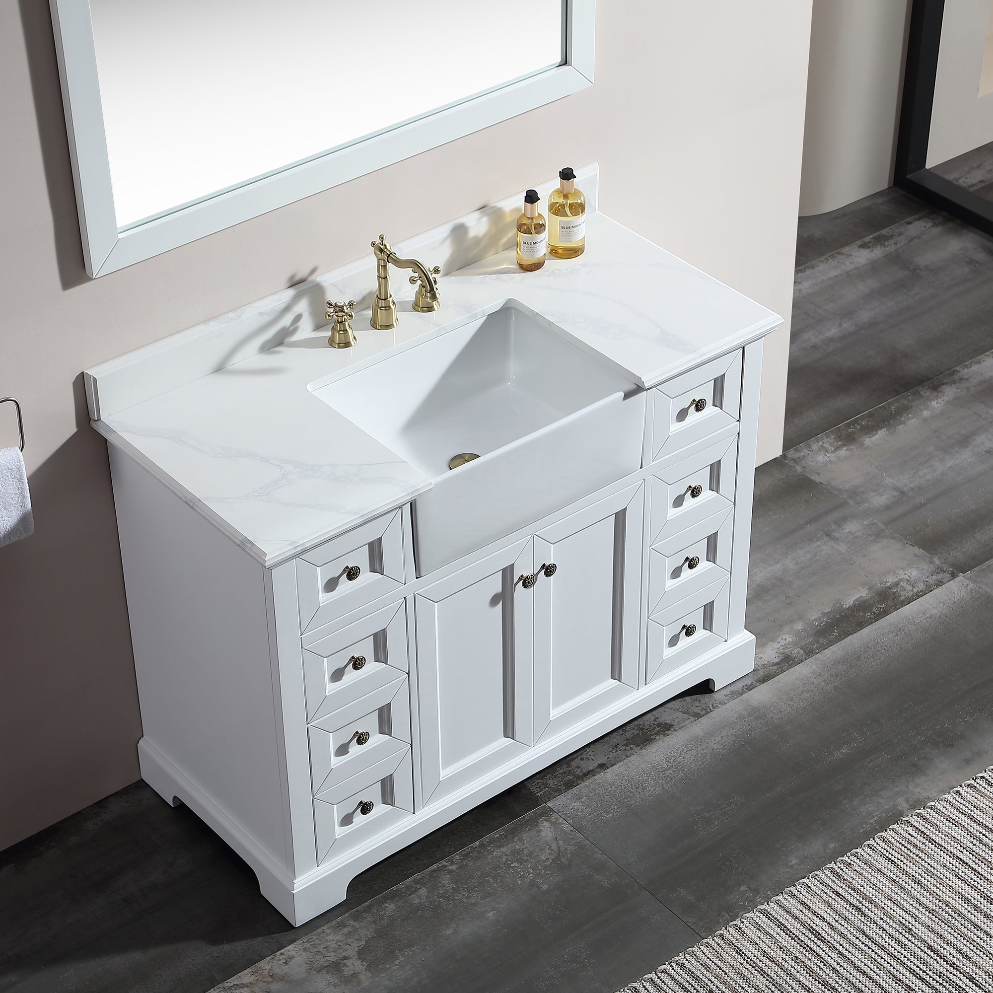 48" Freestanding Bath Vanity Minimalist in White with White Quartz Top with White Basin
