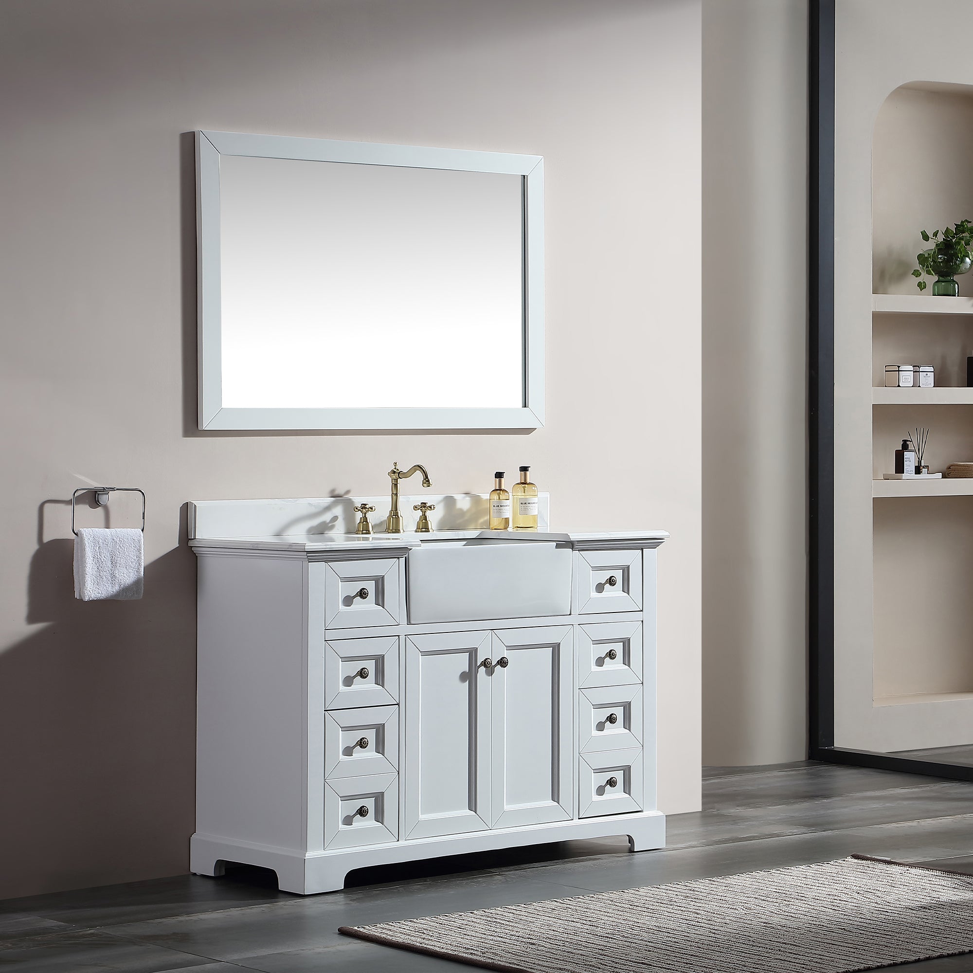 48" Freestanding Bath Vanity Minimalist in White with White Quartz Top with White Basin