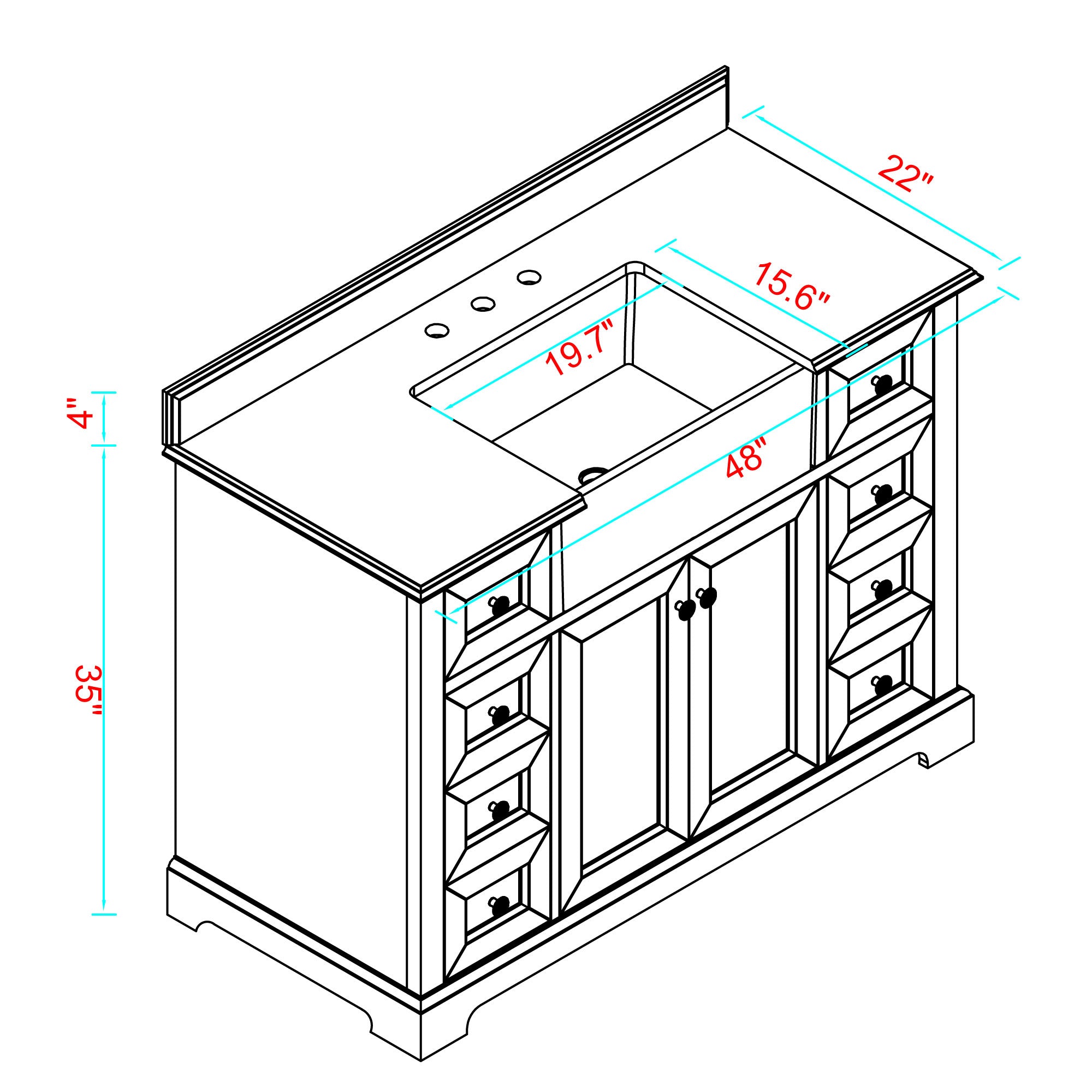 48" Freestanding Bath Vanity Minimalist in White with White Quartz Top with White Basin
