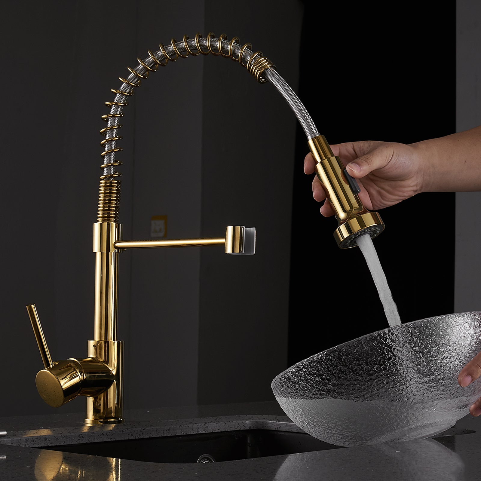 Single Handle Kitchen Faucet with Pull Down Sprayer in Gold