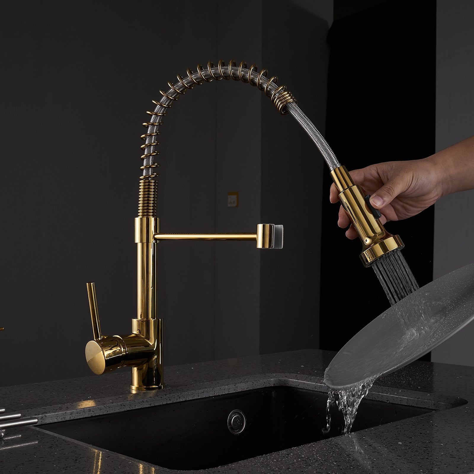 Single Handle Kitchen Faucet with Pull Down Sprayer in Gold