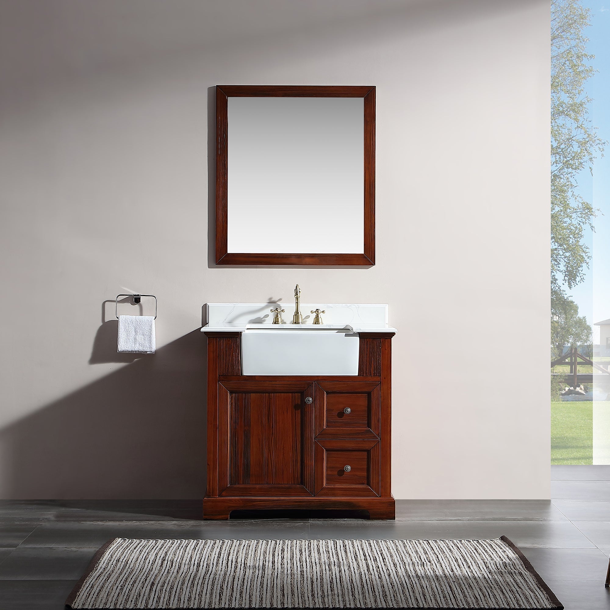 36 in. W x 22 in. D x 35 in. H Freestanding Bath Vanity Wood in Brown with White Quartz Top with White Basin