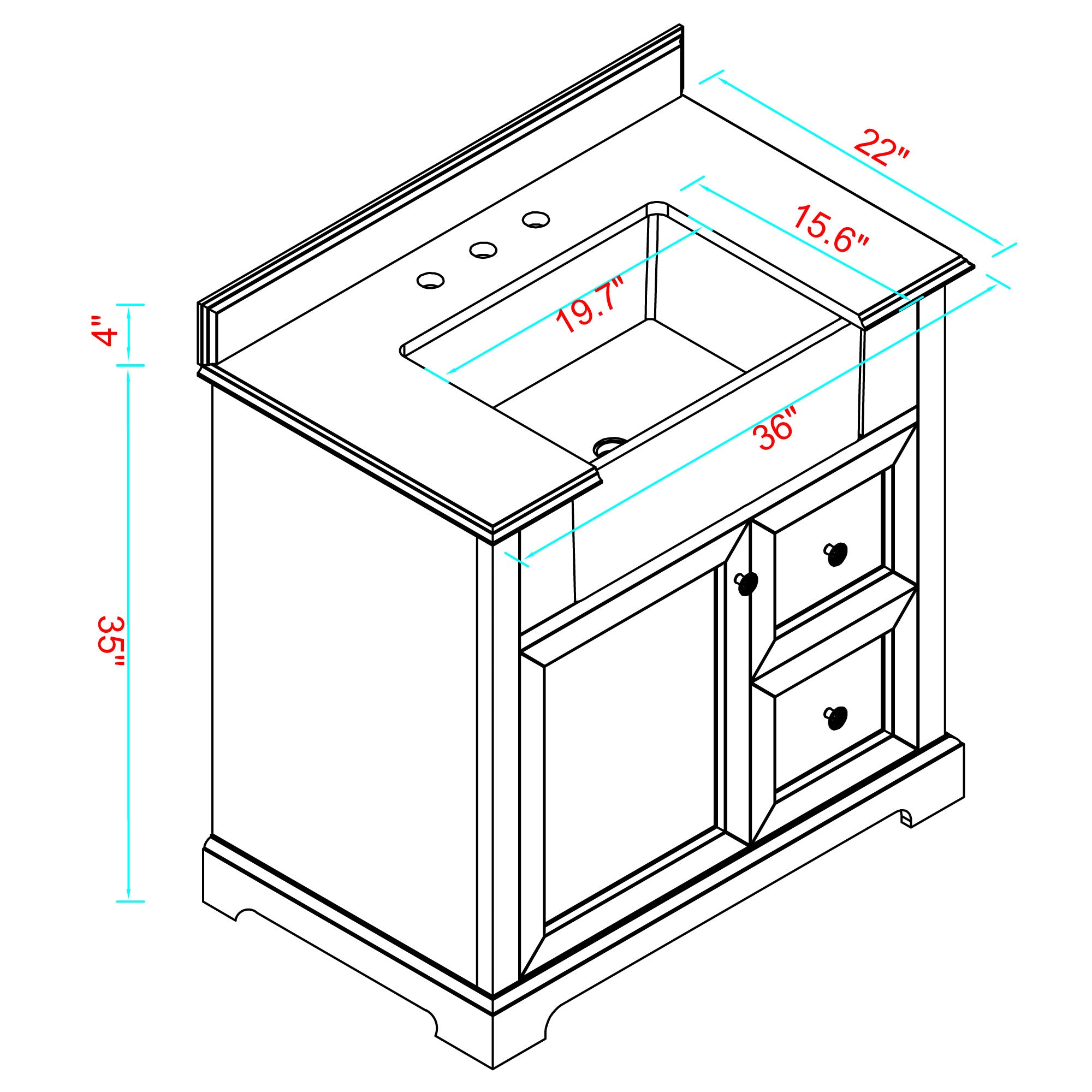 36 in. W x 22 in. D x 35 in. H Freestanding Bath Vanity Minimalist in White with White Quartz Top with White Basin
