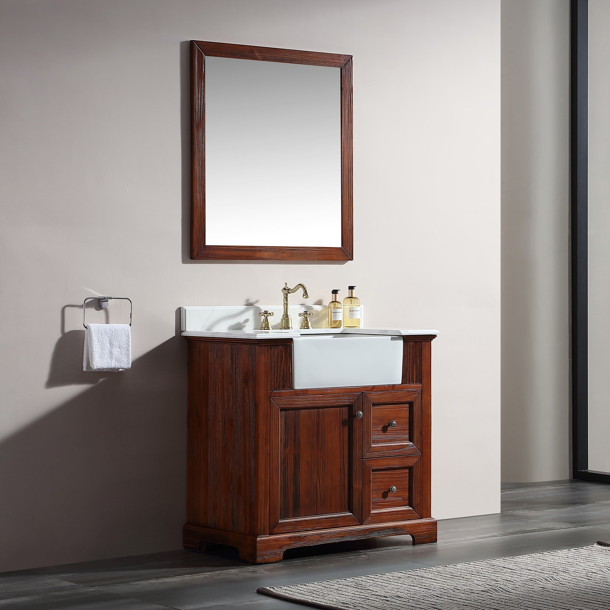36 in. W x 22 in. D x 35 in. H Freestanding Bath Vanity Wood in Brown with White Quartz Top with White Basin