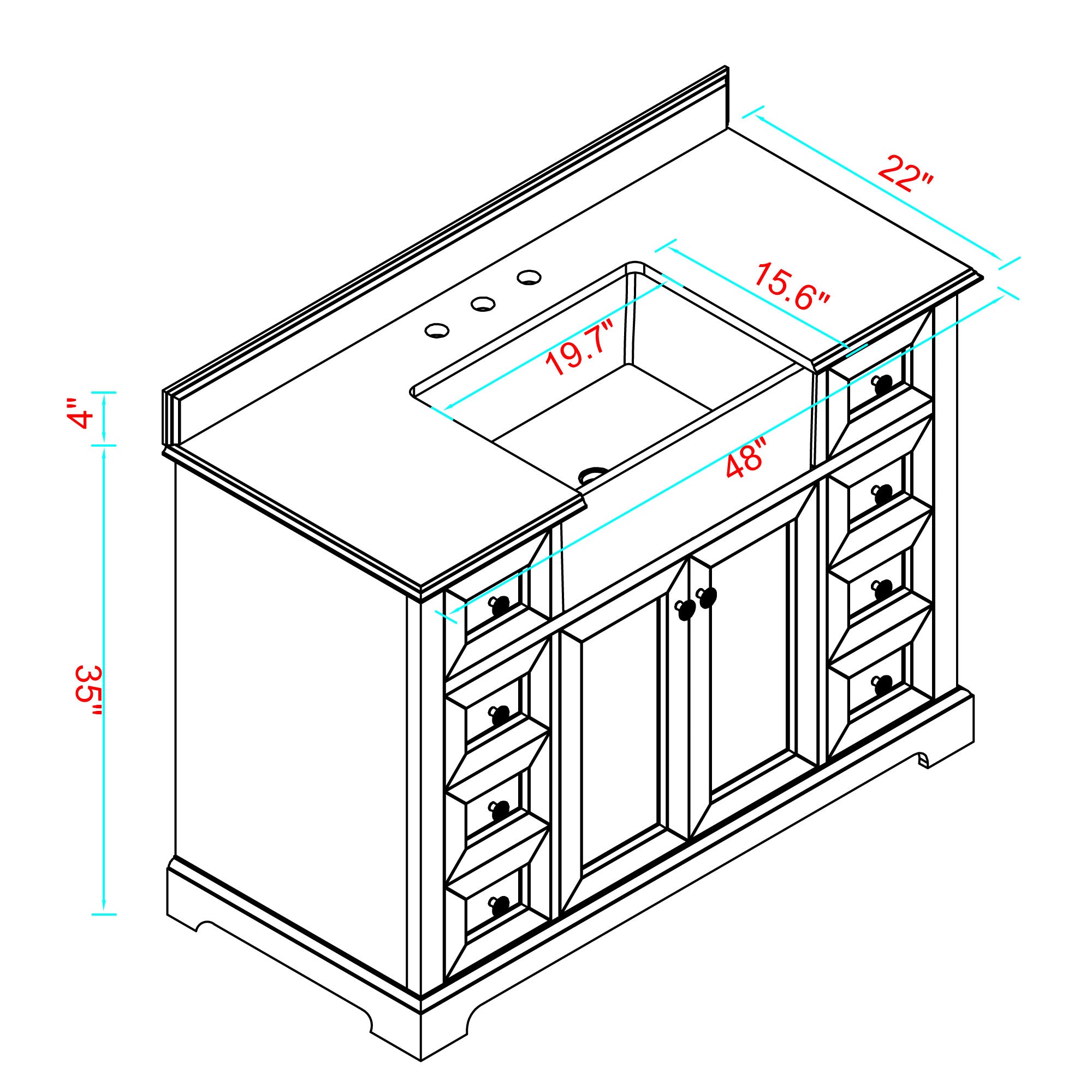 48" Freestanding Bath Vanity Wood in Brown with White Quartz Top with White Basin