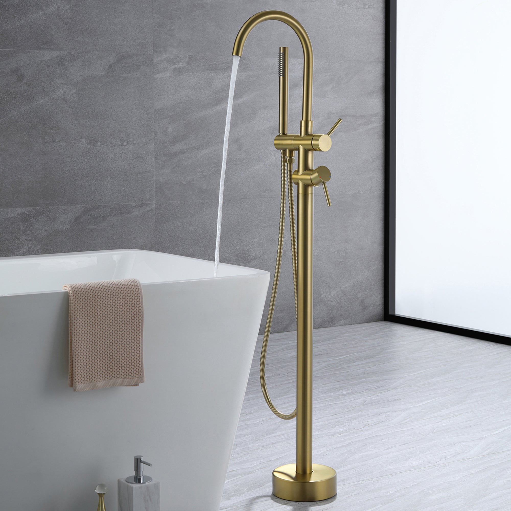 Freestanding Bathtub Faucet With Handheld Shower in Brushed Gold