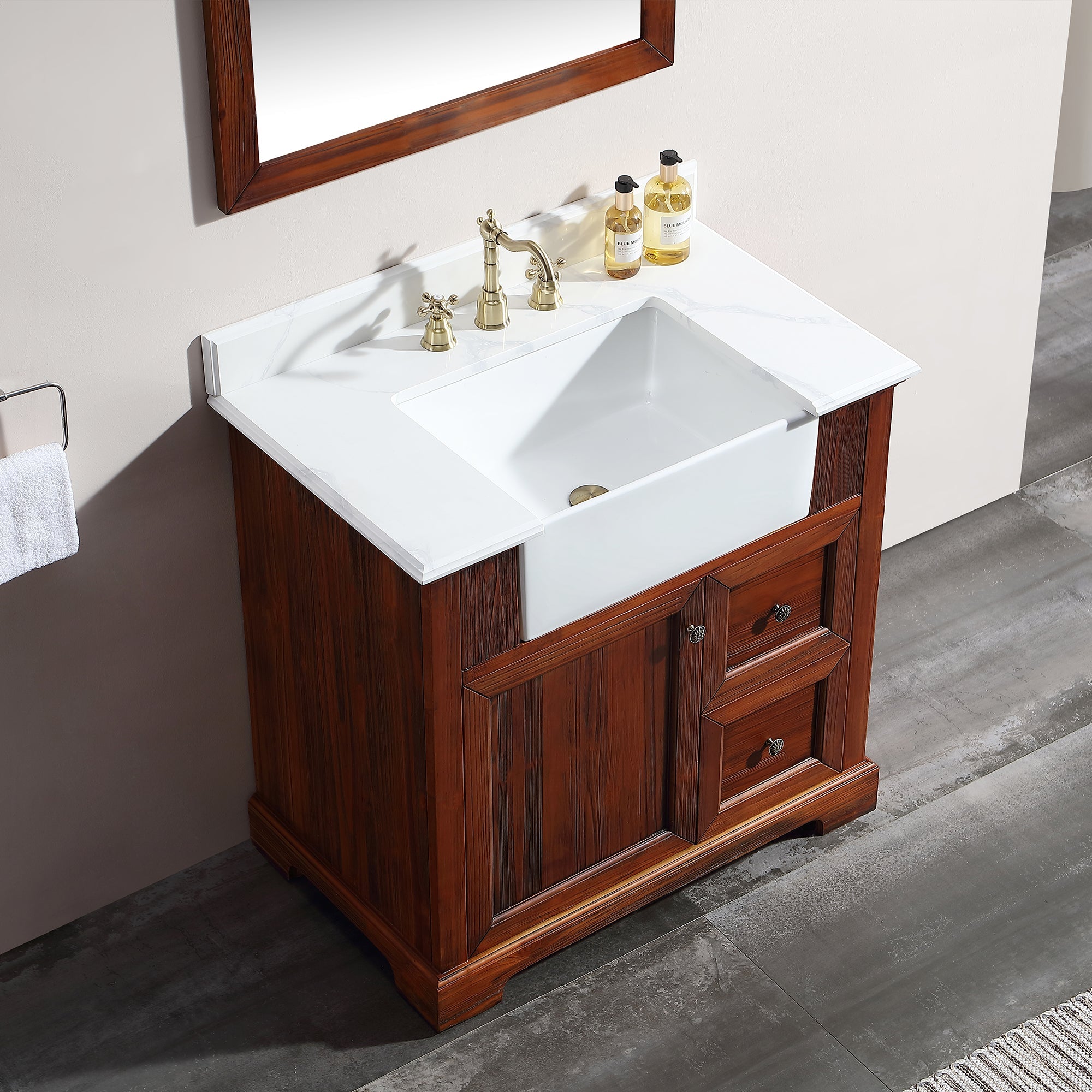 36 in. W x 22 in. D x 35 in. H Freestanding Bath Vanity Wood in Brown with White Quartz Top with White Basin