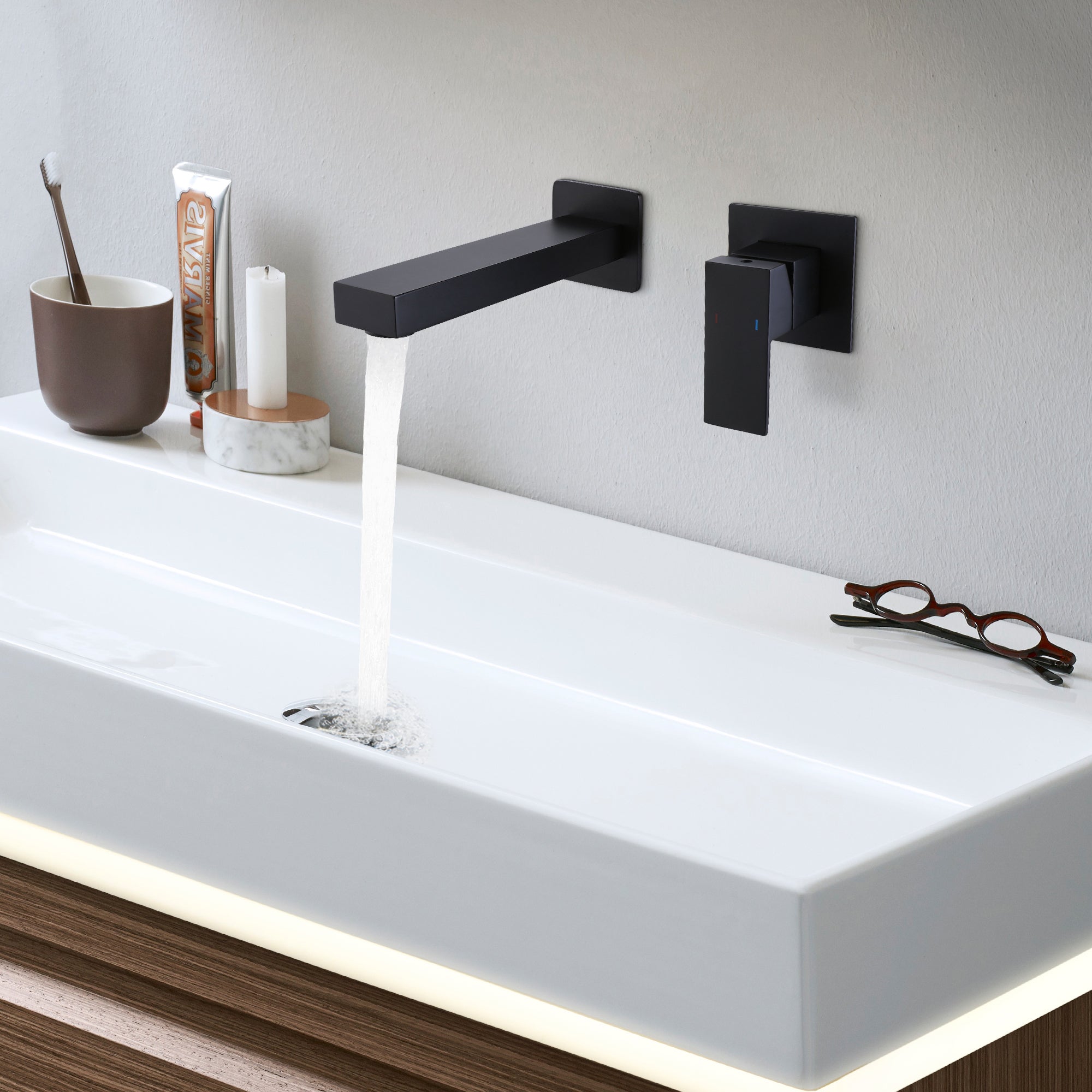Wall Mounted Sink Faucet Matte Black Square Solid Brass Basin Mixer Tap