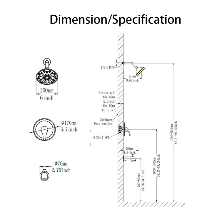 6-Spray Pressure-Balanced 6 Inch Shower Faucet Set With Rough-In Valve