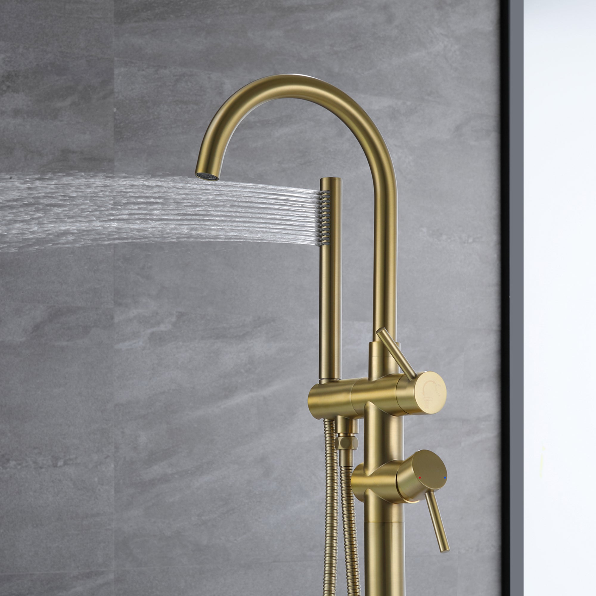Freestanding Bathtub Faucet With Handheld Shower in Brushed Gold