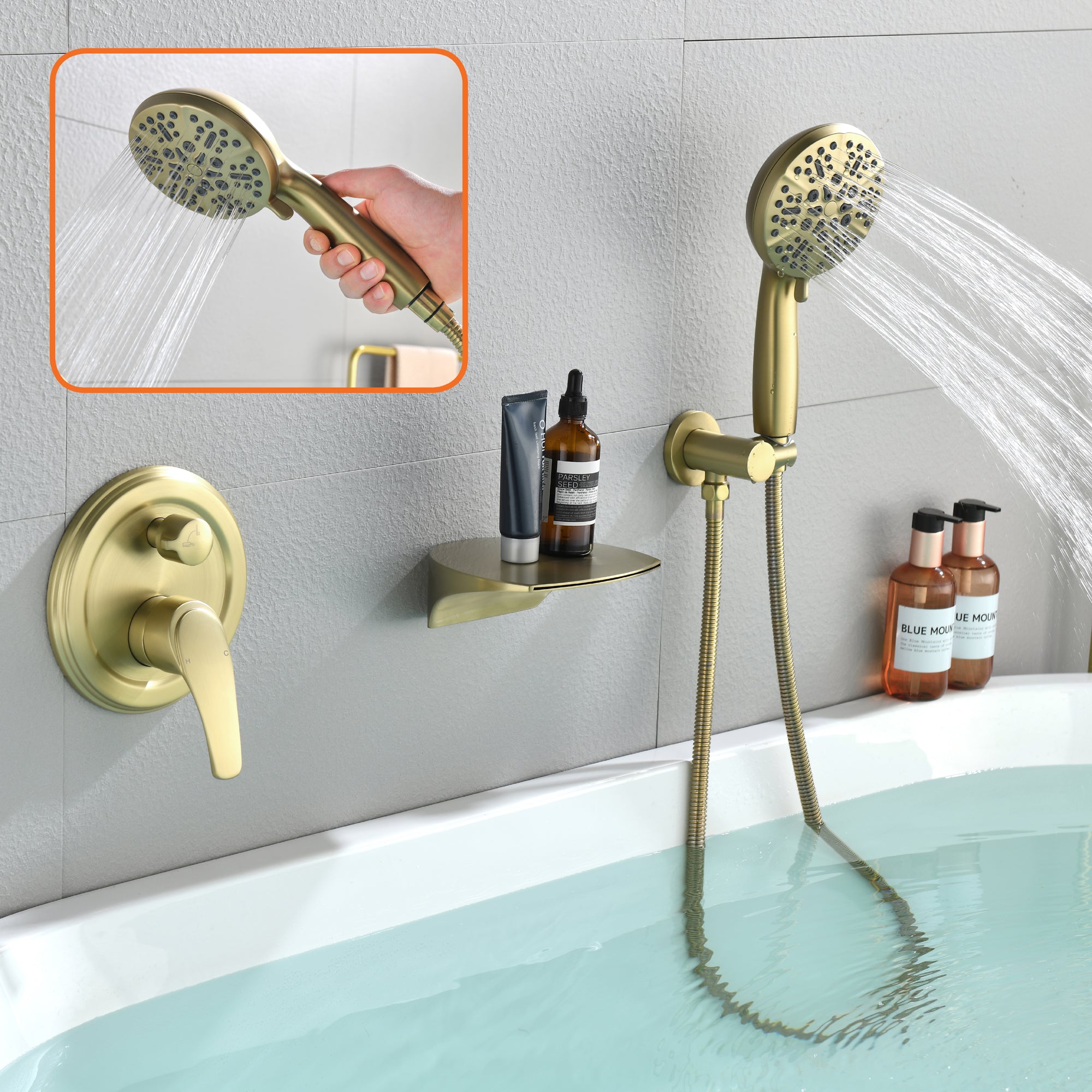 Single-Handle Wall Mount Roman Tub Faucet with Round Hand Shower