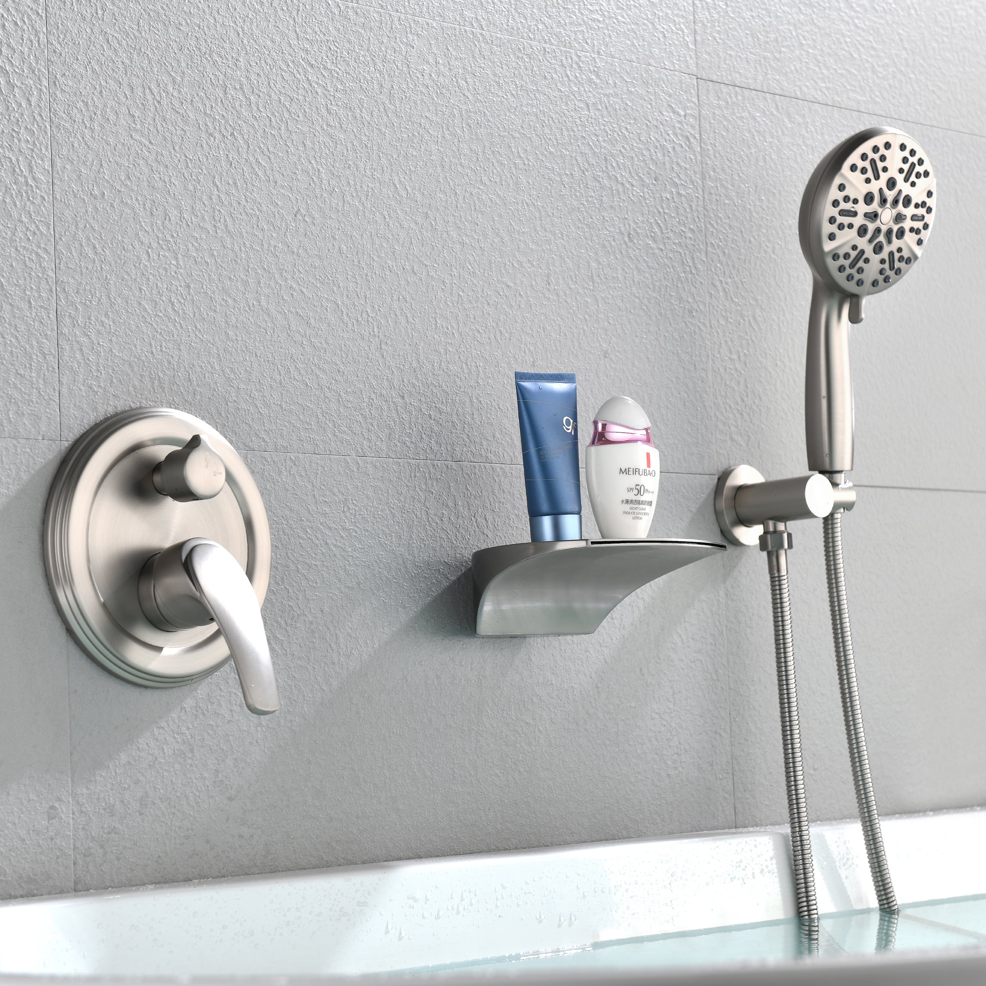 Single-Handle Wall Mount Roman Tub Faucet with Round Hand Shower