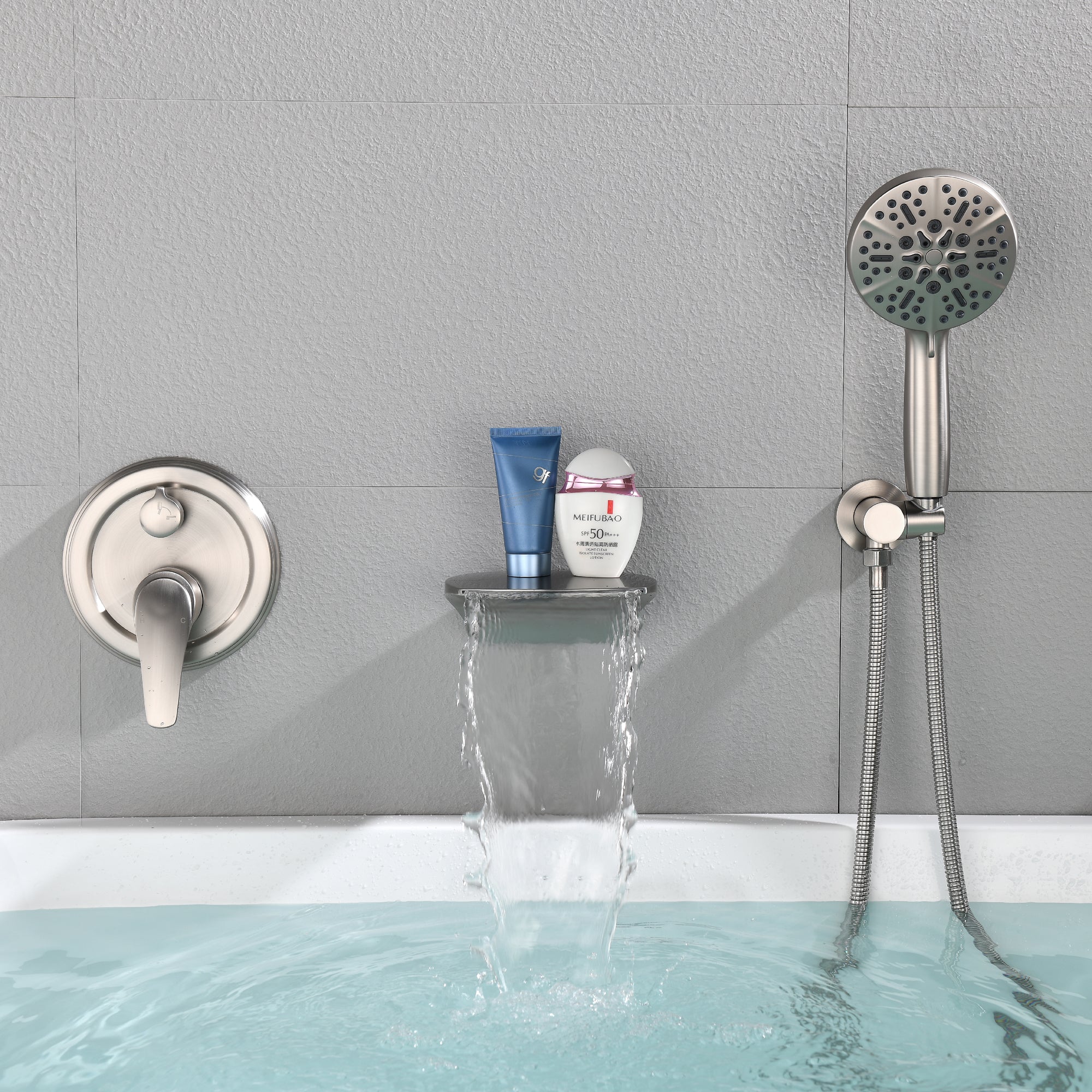 Single-Handle Wall Mount Roman Tub Faucet with Round Hand Shower
