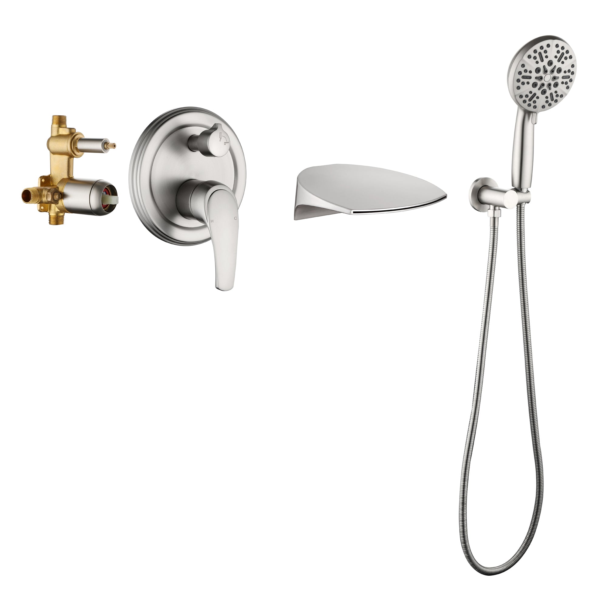 Single-Handle Wall Mount Roman Tub Faucet with Round Hand Shower