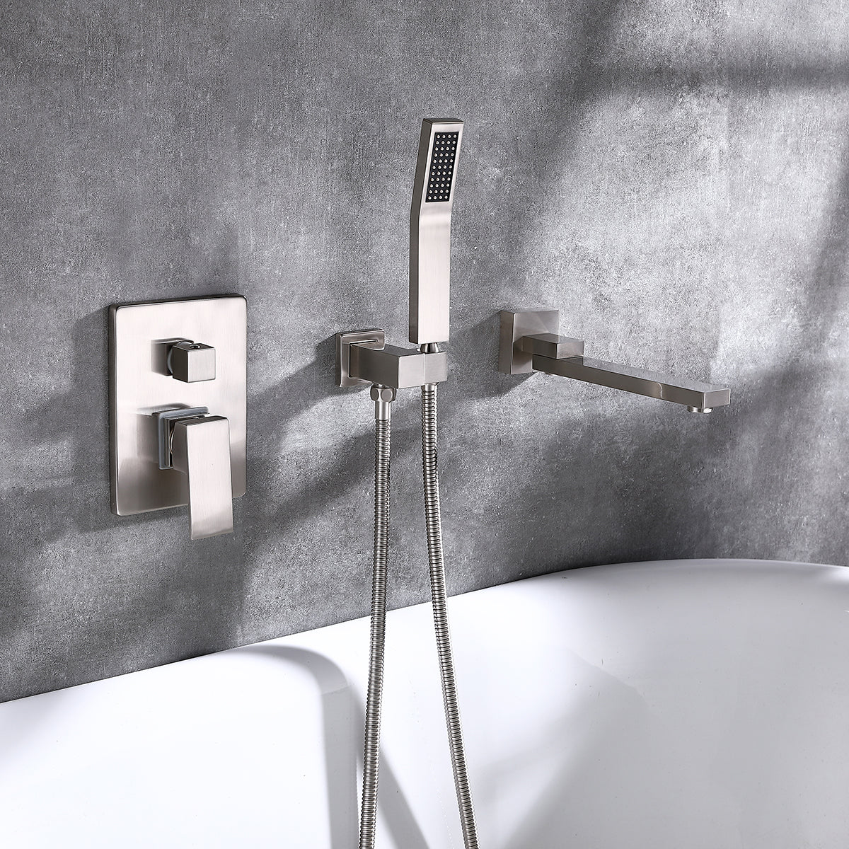 Wall Mounted Tub Filler With Tub Spout and Handheld Shower in Brushed Nickel