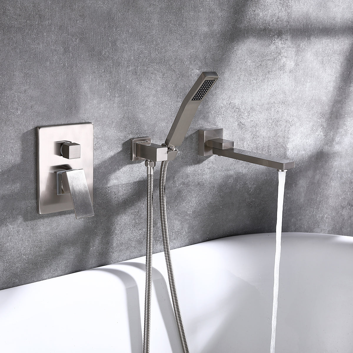 Wall Mounted Tub Filler With Tub Spout and Handheld Shower in Brushed Nickel