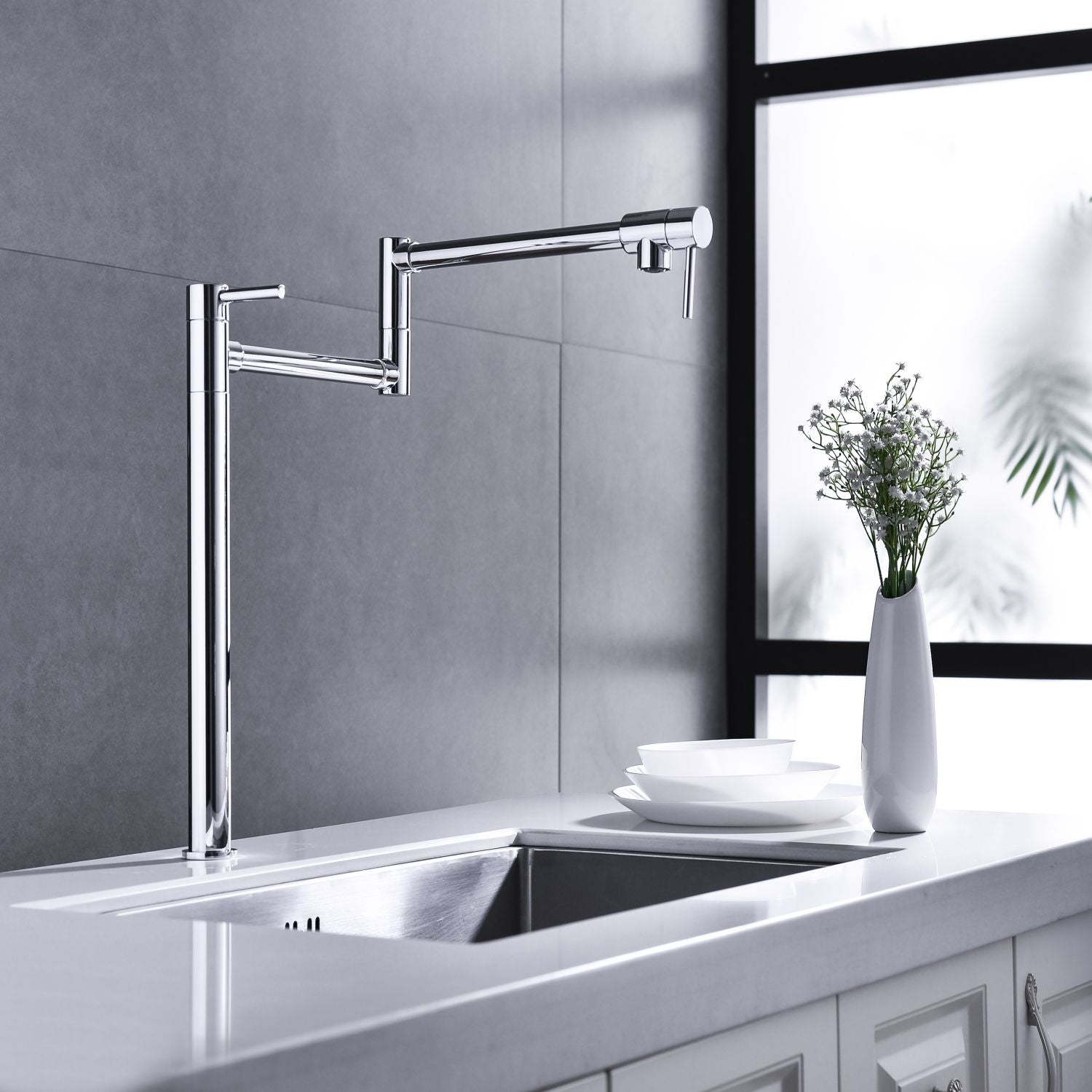 Deck Mounted Pot Filler Faucet with 360° Rotation