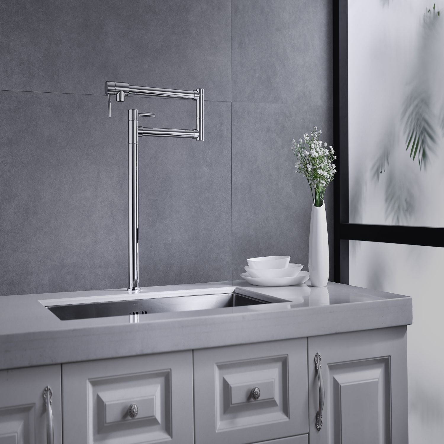 Deck Mounted Pot Filler Faucet with 360° Rotation