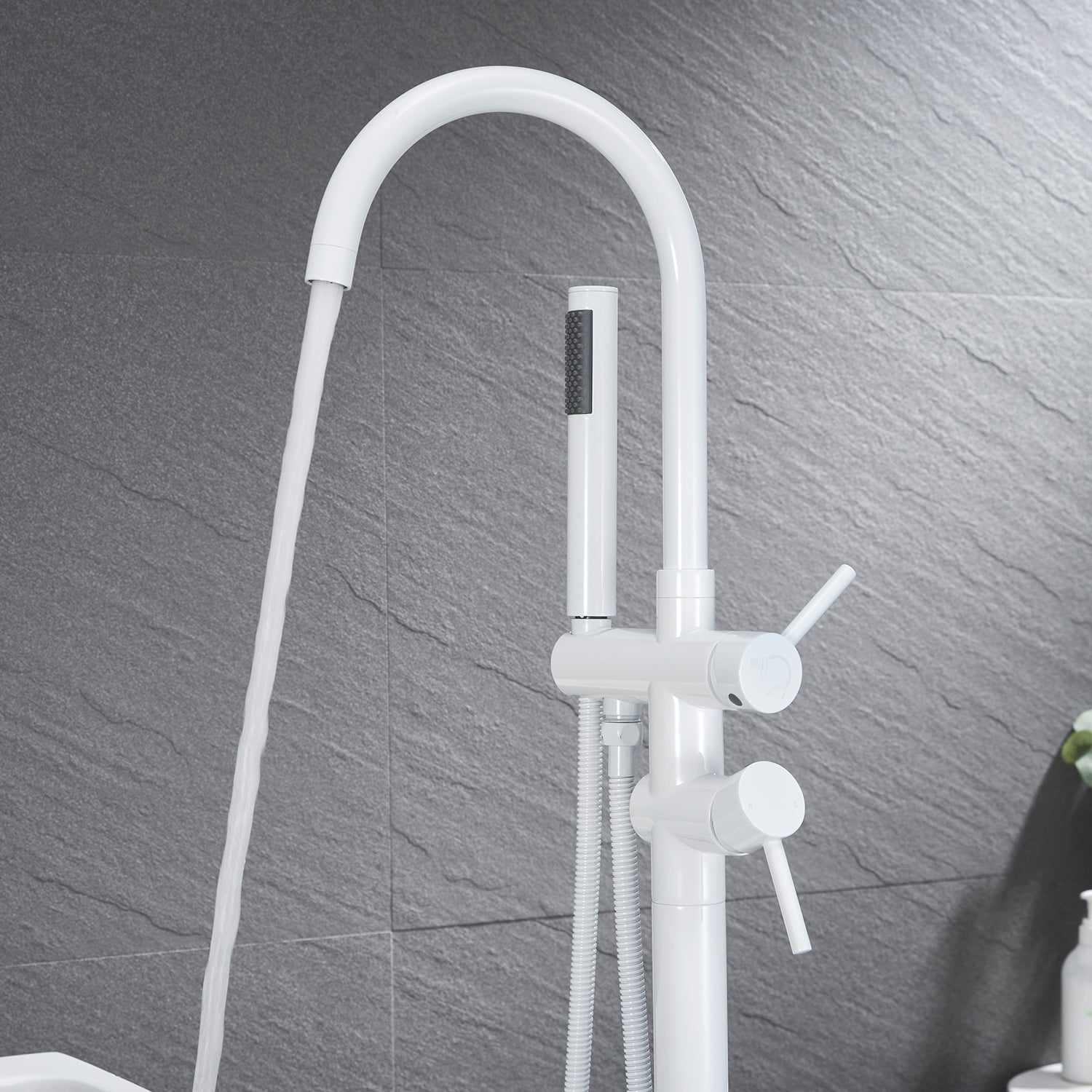 Freestanding Bathtub Faucet Floor Mounted Faucet With Hand Shower in White