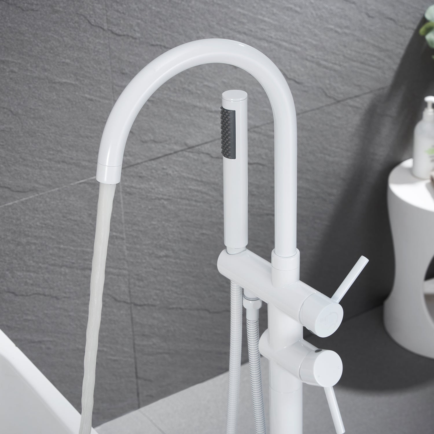 Freestanding Bathtub Faucet Floor Mounted Faucet With Hand Shower in White