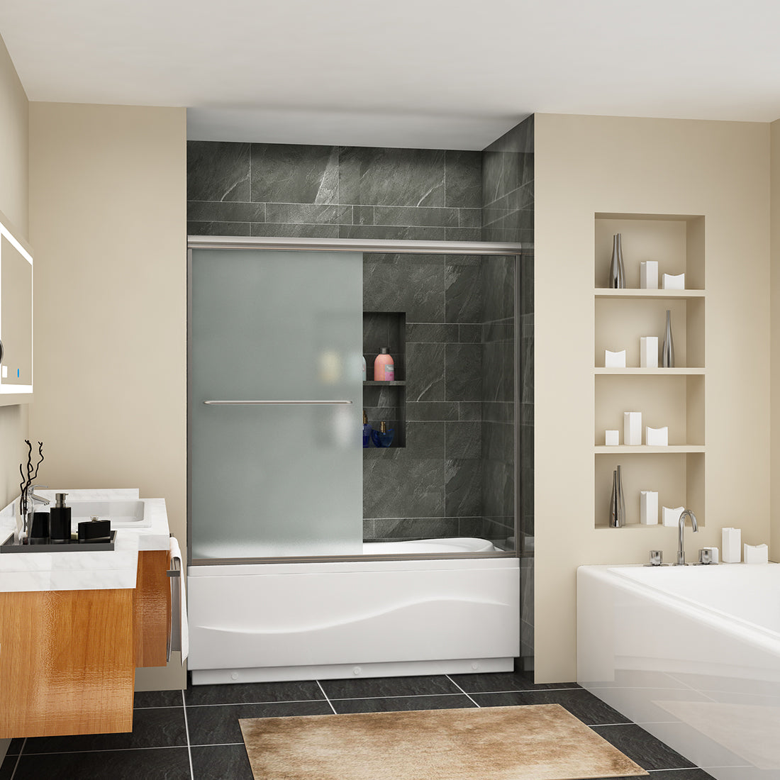 57 in. x 60 in. Semi-Frameless Double Sliding Bathtub Shower Door, frosted Glass in Brushed Nickel