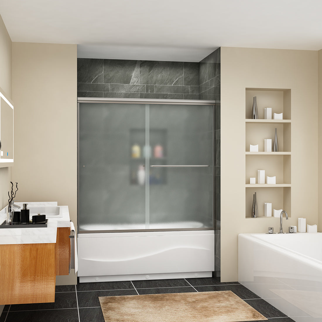 57 in. x 60 in. Semi-Frameless Double Sliding Bathtub Shower Door, frosted Glass in Brushed Nickel