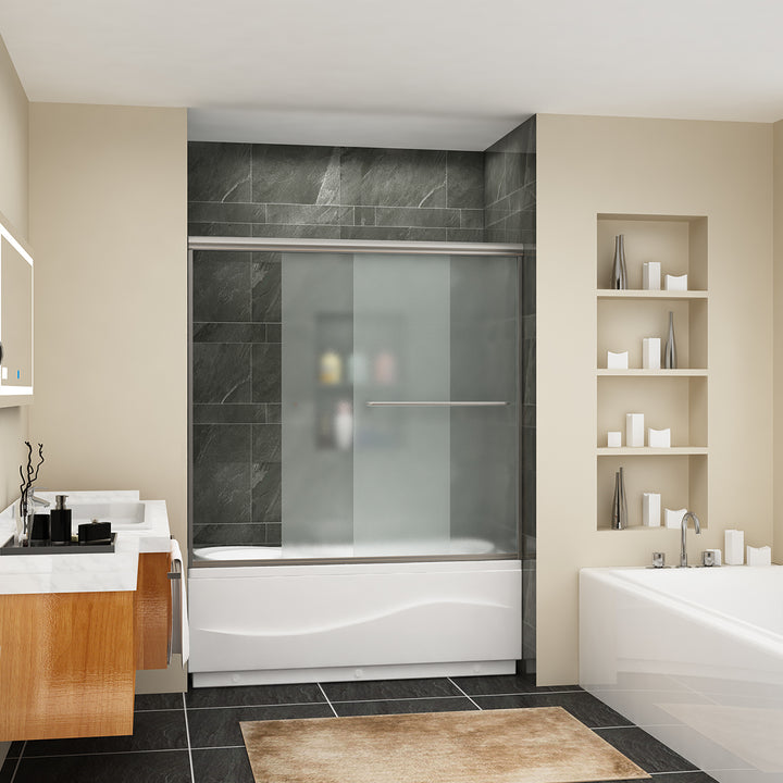 57 in. x 60 in. Semi-Frameless Double Sliding Door, frosted Glass in Brushed Nickel