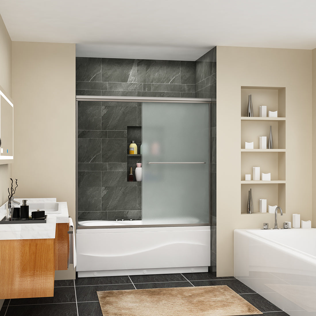 57 in. x 60 in. Semi-Frameless Double Sliding Bathtub Shower Door, frosted Glass in Brushed Nickel