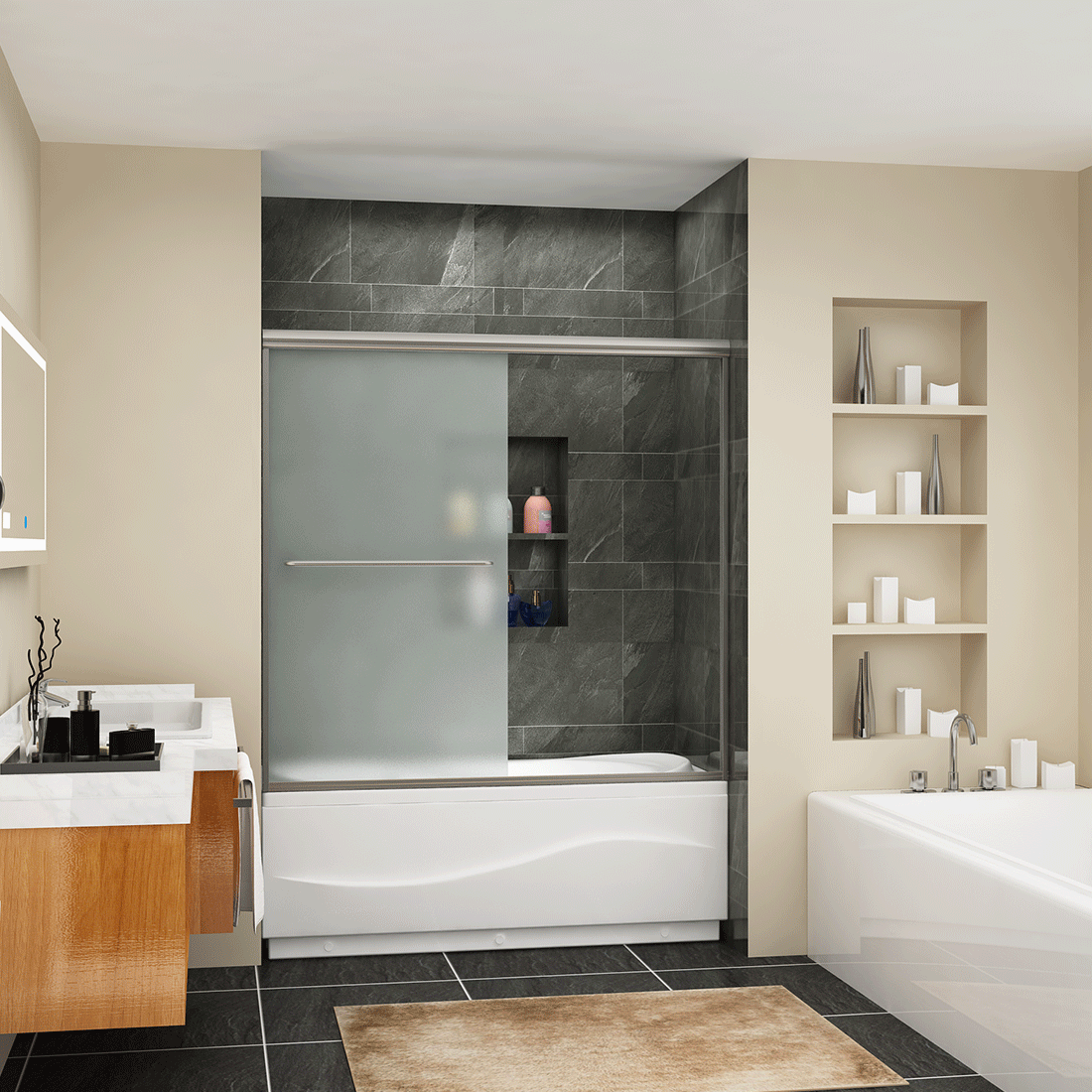 57 in. x 60 in. Semi-Frameless Double Sliding Bathtub Shower Door, frosted Glass in Brushed Nickel
