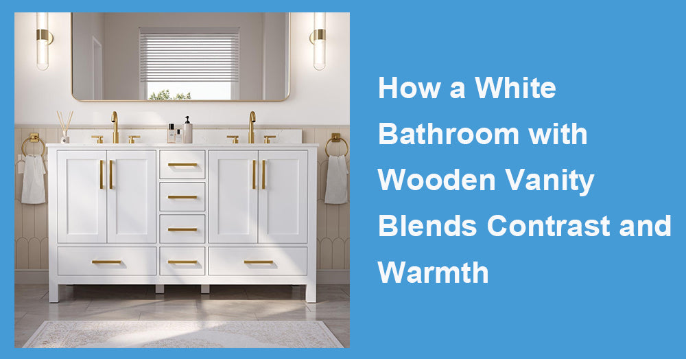 How a White Bathroom with Wooden Vanity Blends Contrast and Warmth