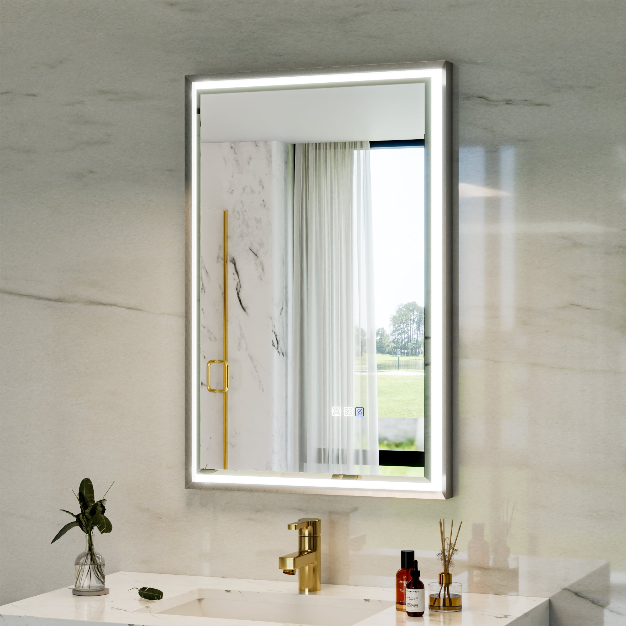 22 in. W x 34 in. Aluminum Framed LED Bathroom Mirror - Anti-Fog, Dimmable, Smart Memory, Brushed Nickel