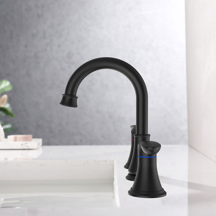 2-Handle 8 inch Widespread Bathroom Sink Faucet 3 Hole 360° Swivel Spout Vanity Sink Basin Faucets with Pop Up Drain Assembly
