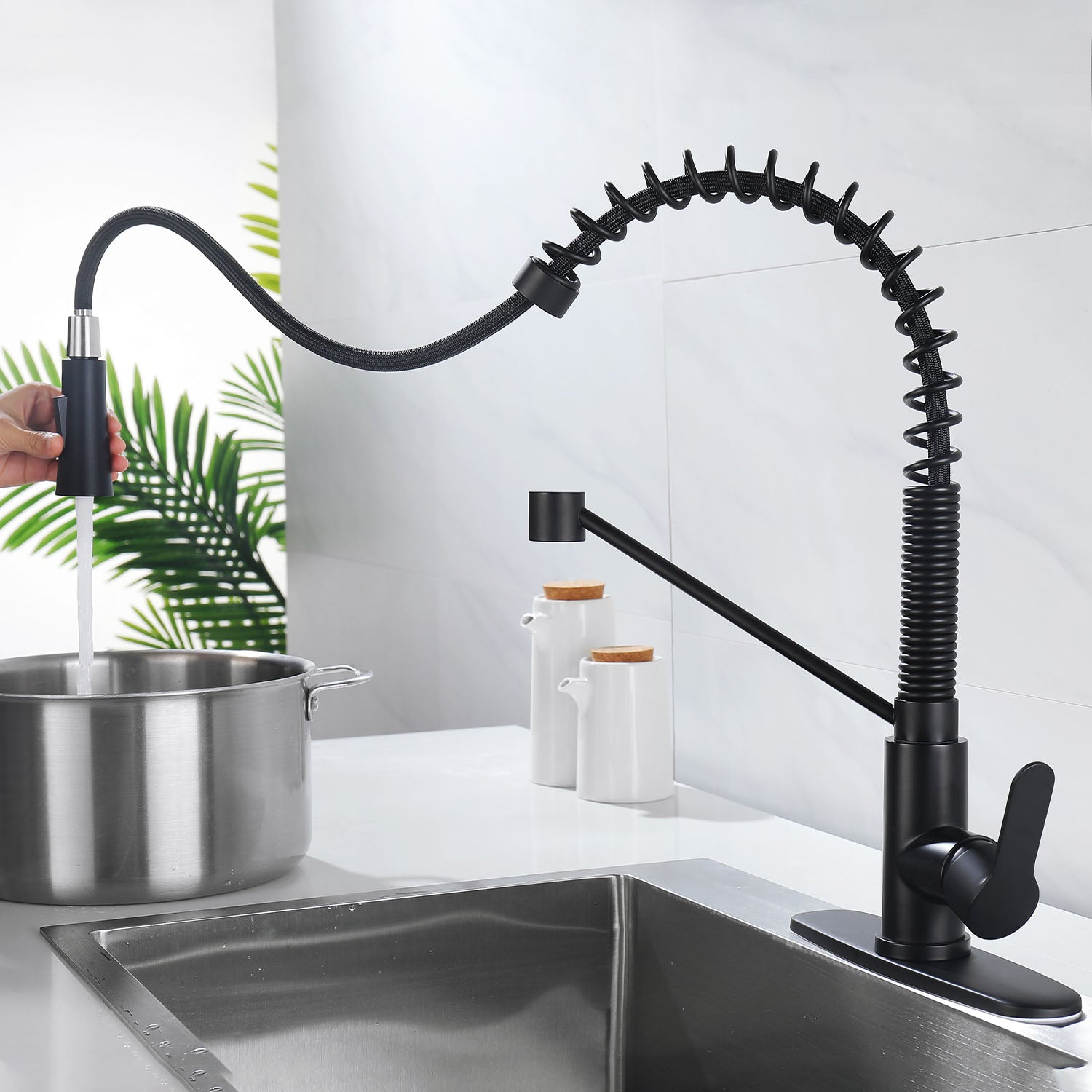 Matte Black Single Handle Kitchen Faucet with Soap Dispenser and Pull Down Sprayer