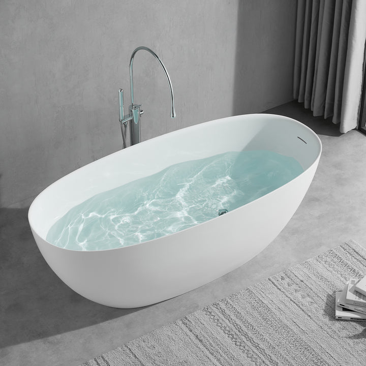 65'' Solid Surface Stone Resin Modern Oval Shaped Freestanding Soaking Bathtub with Overflow