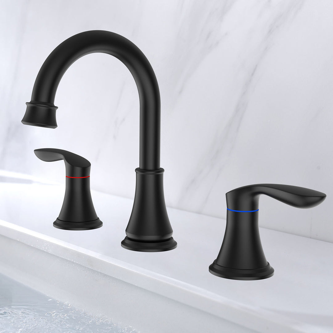 2-Handle 8 inch Widespread Bathroom Sink Faucet 3 Hole 360° Swivel Spout Vanity Sink Basin Faucets with Pop Up Drain Assembly