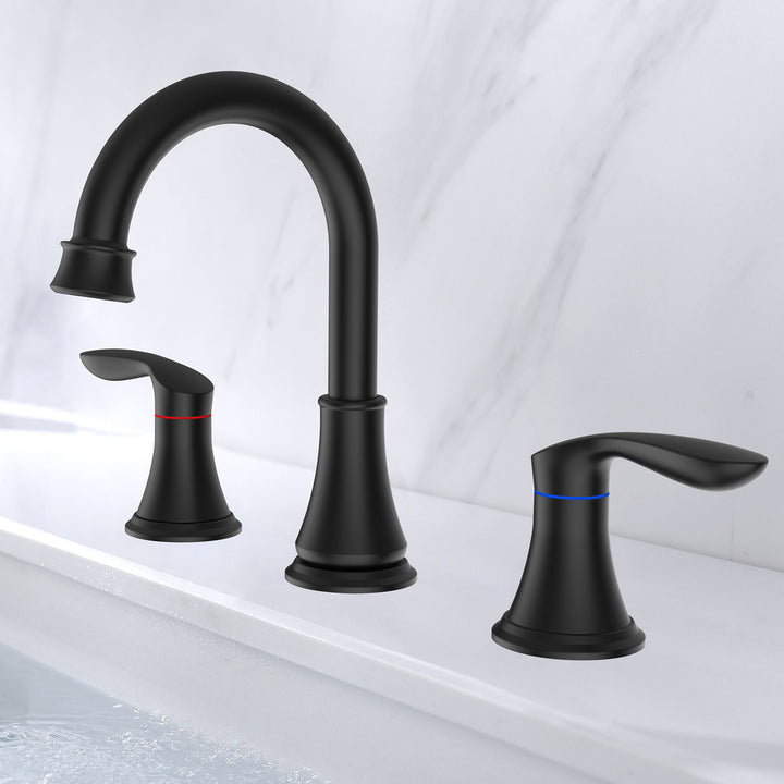 2-Handle 8 inch Widespread Bathroom Sink Faucet 3 Hole 360° Swivel Spout Vanity Sink Basin Faucets with Pop Up Drain Assembly
