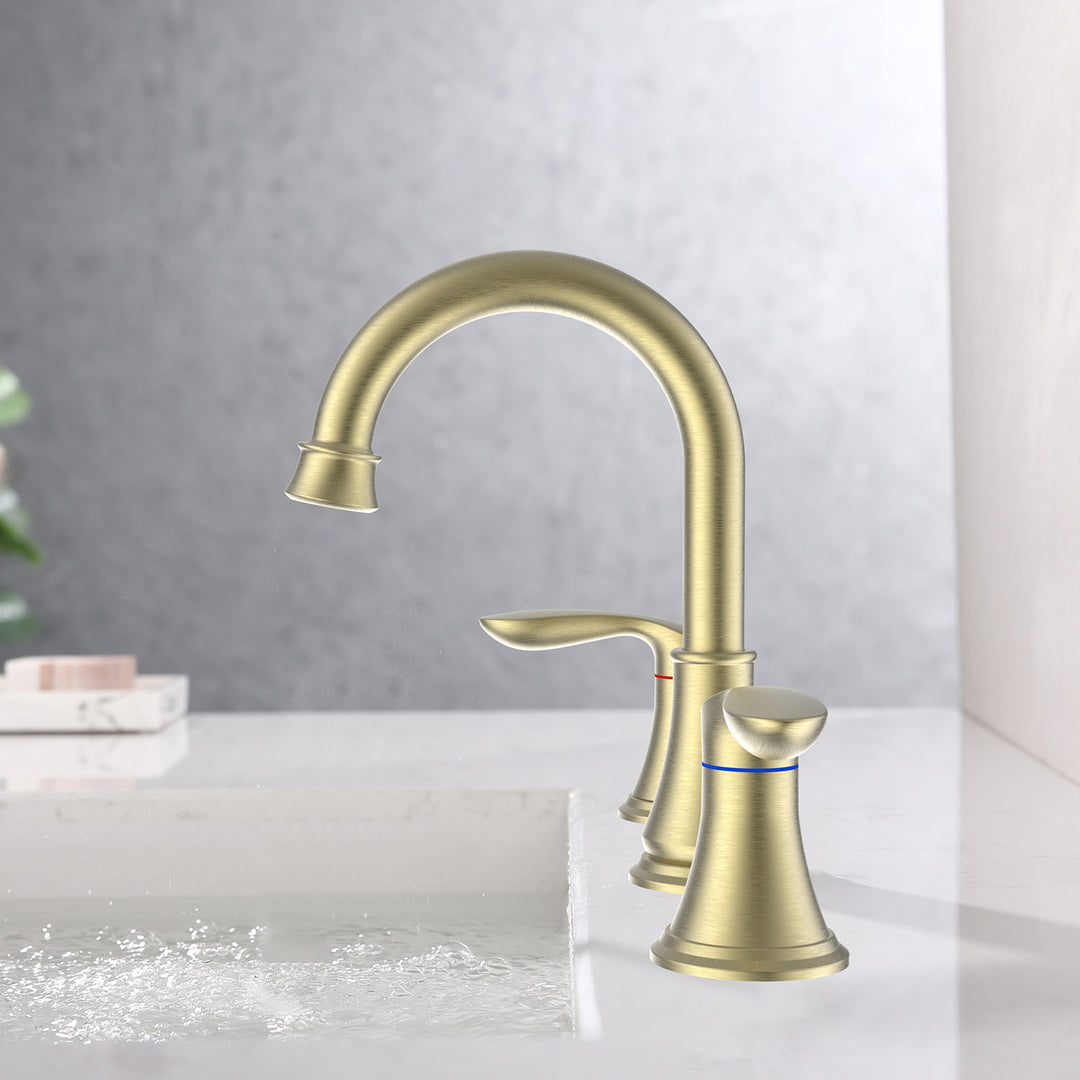 2-Handle 8 inch Widespread Bathroom Sink Faucet 3 Hole 360° Swivel Spout Vanity Sink Basin Faucets with Pop Up Drain Assembly