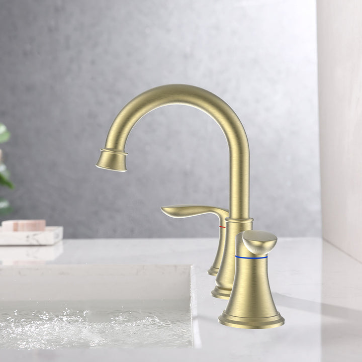 2-Handle 8 inch Widespread Bathroom Sink Faucet 3 Hole 360° Swivel Spout Vanity Sink Basin Faucets with Pop Up Drain Assembly