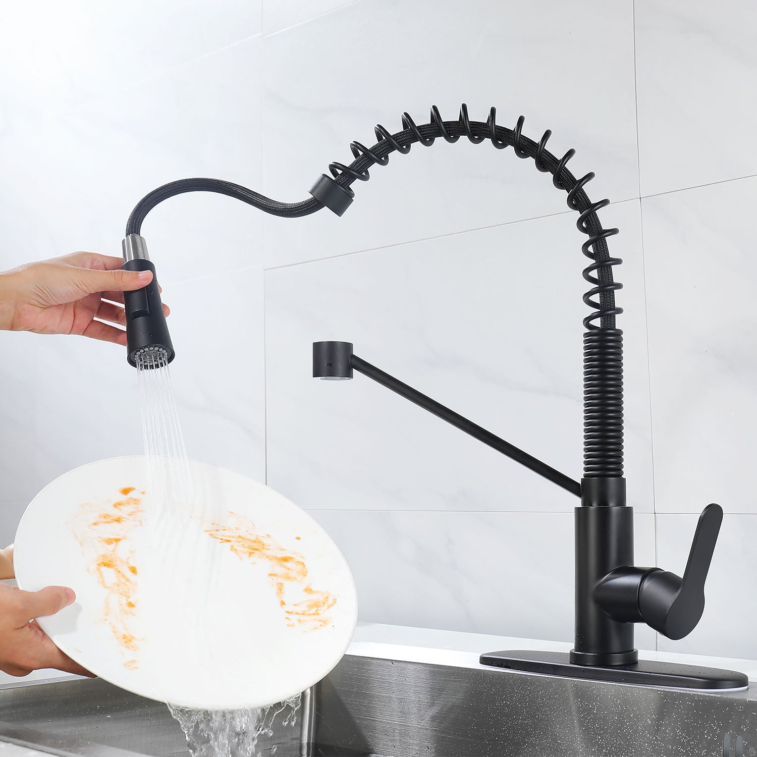 Matte Black Single Handle Kitchen Faucet with Soap Dispenser and Pull Down Sprayer