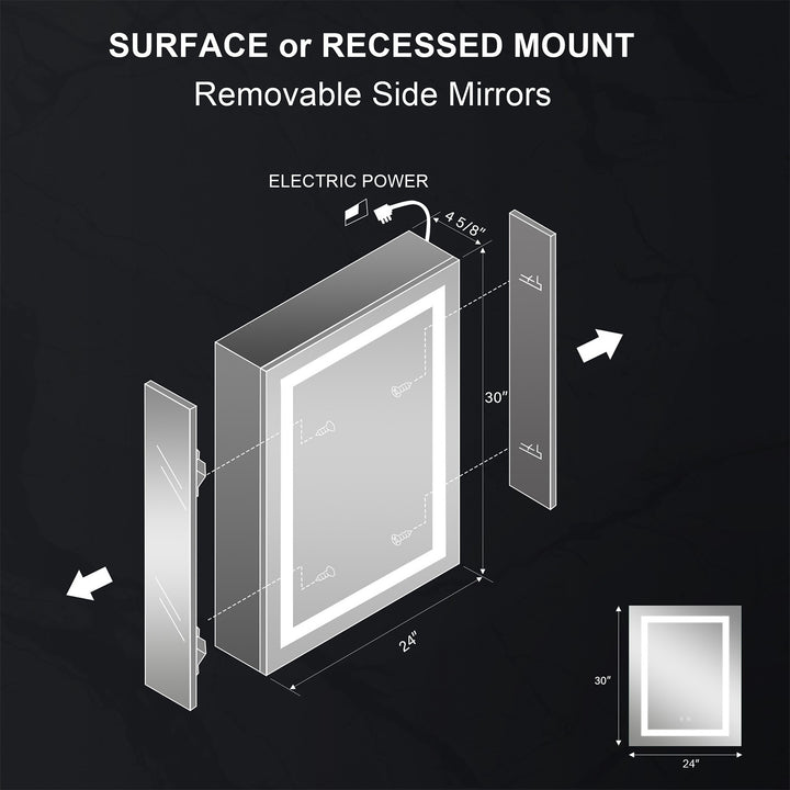 24 in. x 30 in. LED Lighted Surface/Recessed Mount Silver Mirrored Medicine Cabinet with Outlet right Side