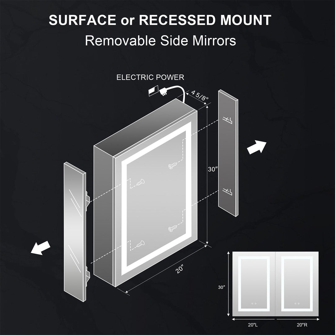 20" x 30" LED Lighted Surface/Recessed Mount Silver Mirrored Medicine Cabinet with Outlet Right Side