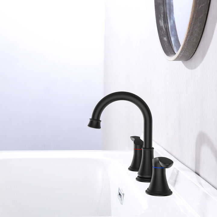 2-Handle 8 inch Widespread Bathroom Sink Faucet 3 Hole 360° Swivel Spout Vanity Sink Basin Faucets with Pop Up Drain Assembly