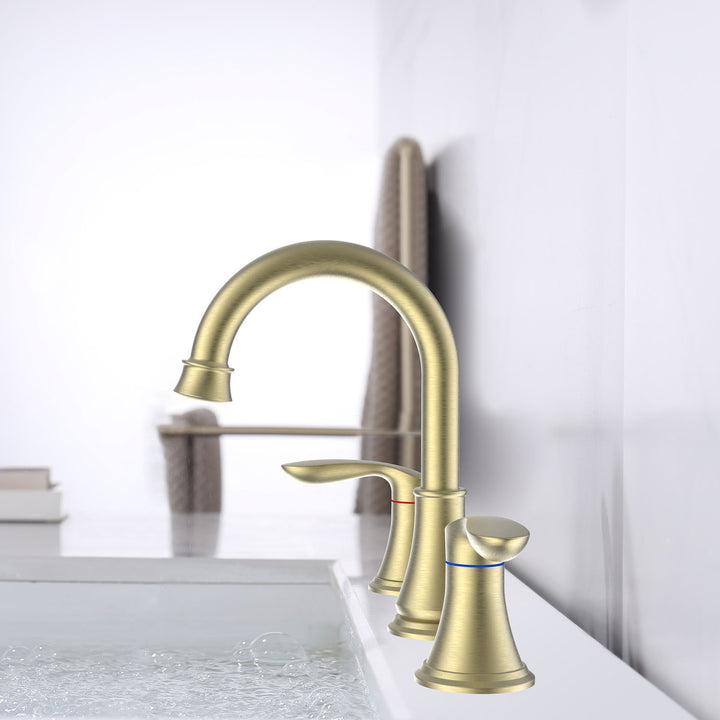 2-Handle 8 inch Widespread Bathroom Sink Faucet 3 Hole 360° Swivel Spout Vanity Sink Basin Faucets with Pop Up Drain Assembly