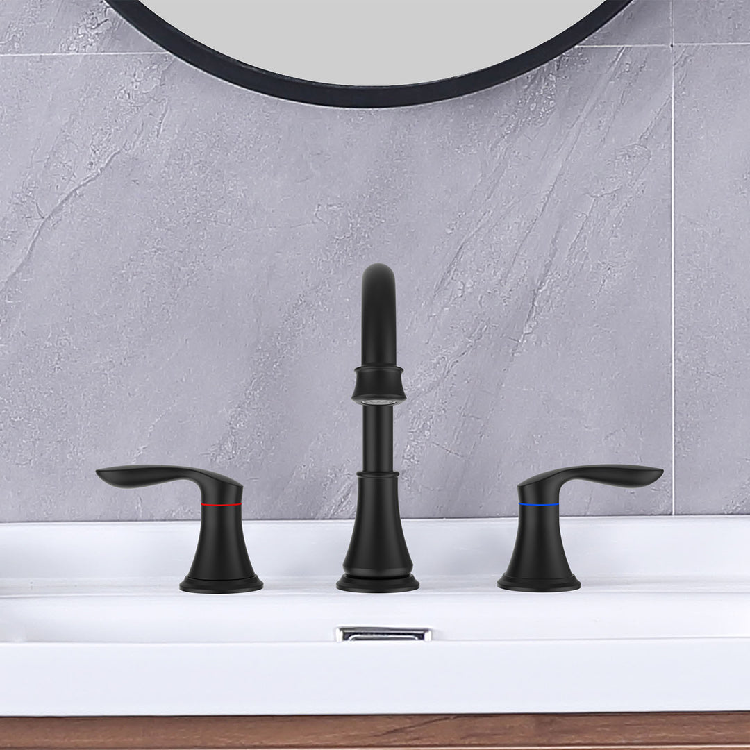 2-Handle 8 inch Widespread Bathroom Sink Faucet 3 Hole 360° Swivel Spout Vanity Sink Basin Faucets with Pop Up Drain Assembly
