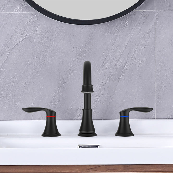 2-Handle 8 inch Widespread Bathroom Sink Faucet 3 Hole 360° Swivel Spout Vanity Sink Basin Faucets with Pop Up Drain Assembly